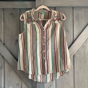 April Cornell 100% Cotton Striped‎ Floral Embroidered Button Down Sleeveless
